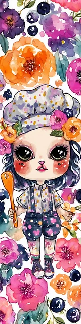 Free kawaii cats bookmark featuring a cat in a chef hat with berry flowers